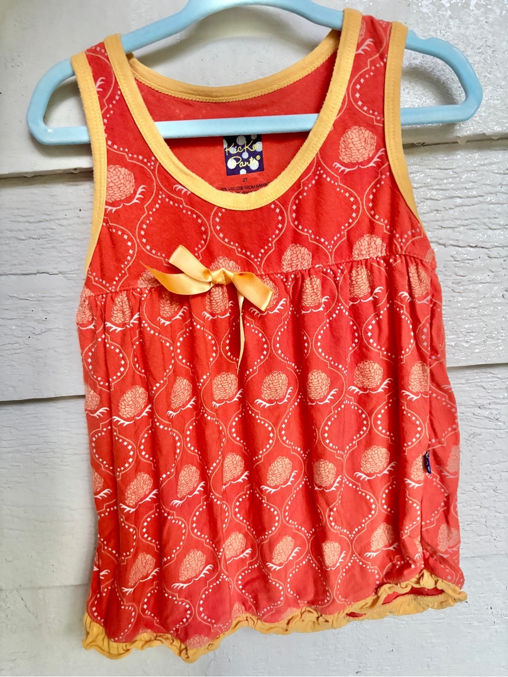 Kickee Pants Bamboo Tank Top 2T Coral Yellow Bow Ruffle Hem